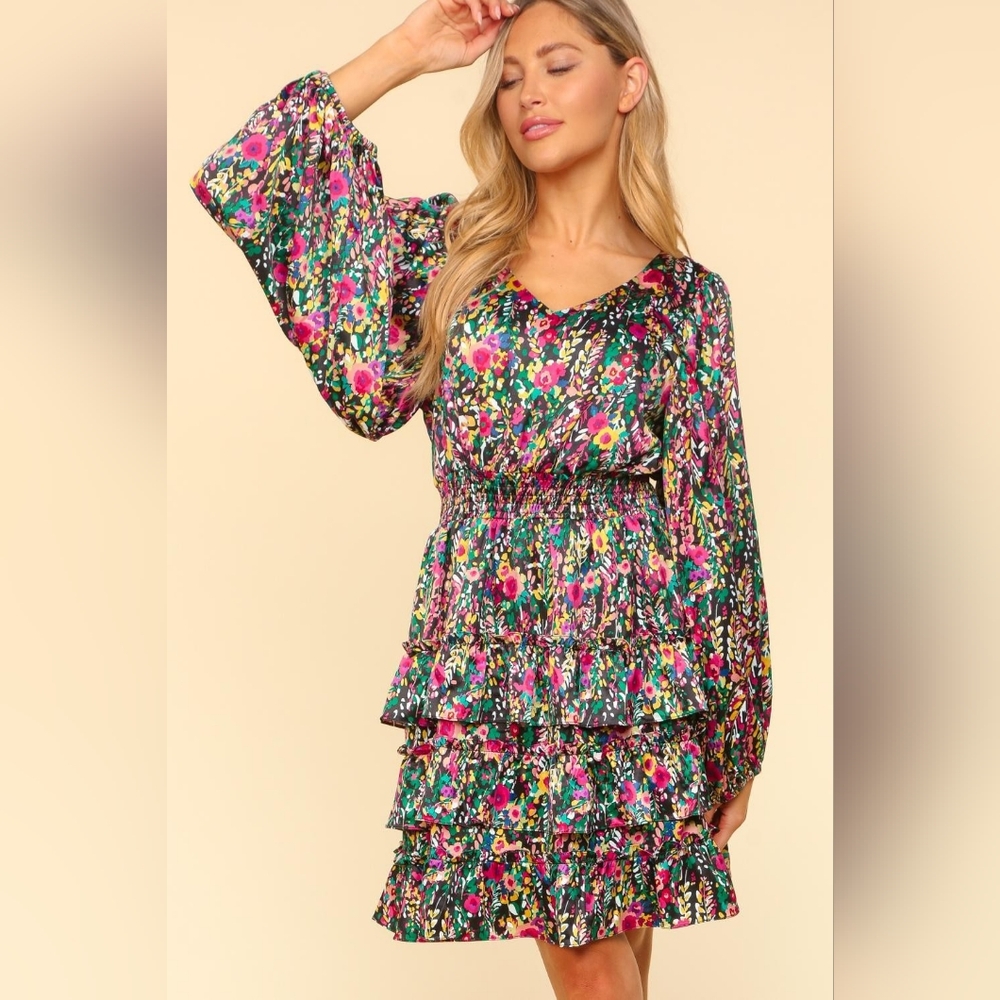 Haptics Multi Colored V-Neck Satin Floral Layered Dress